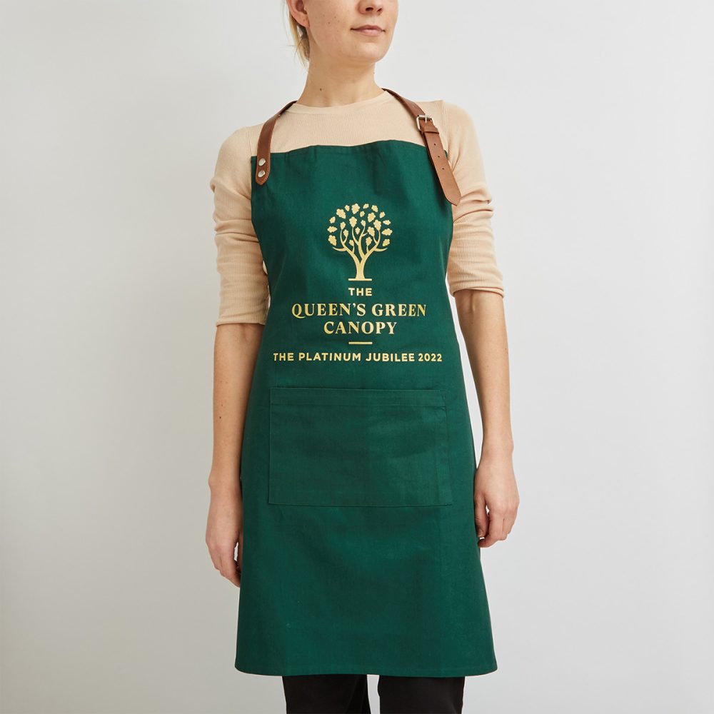 queens green canopy apron with leather strap direct from Ethical bags supplier of UK