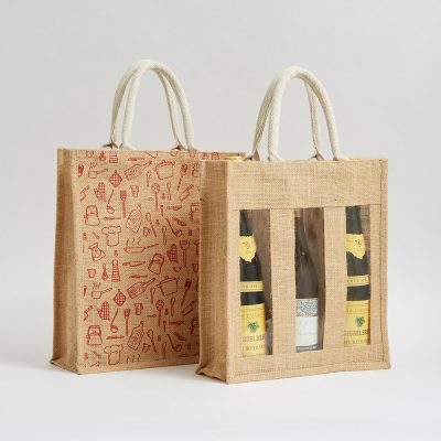 personlised three bottle jute bags with reinforced natural webbed rope handles direct from Ethical bags Supplier