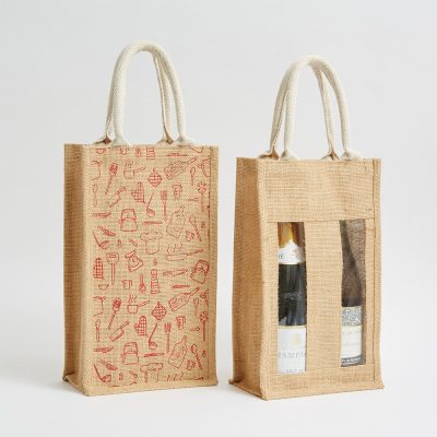 Two Bottle Printed Jute bags with and without window direct from an ethical manufacturer